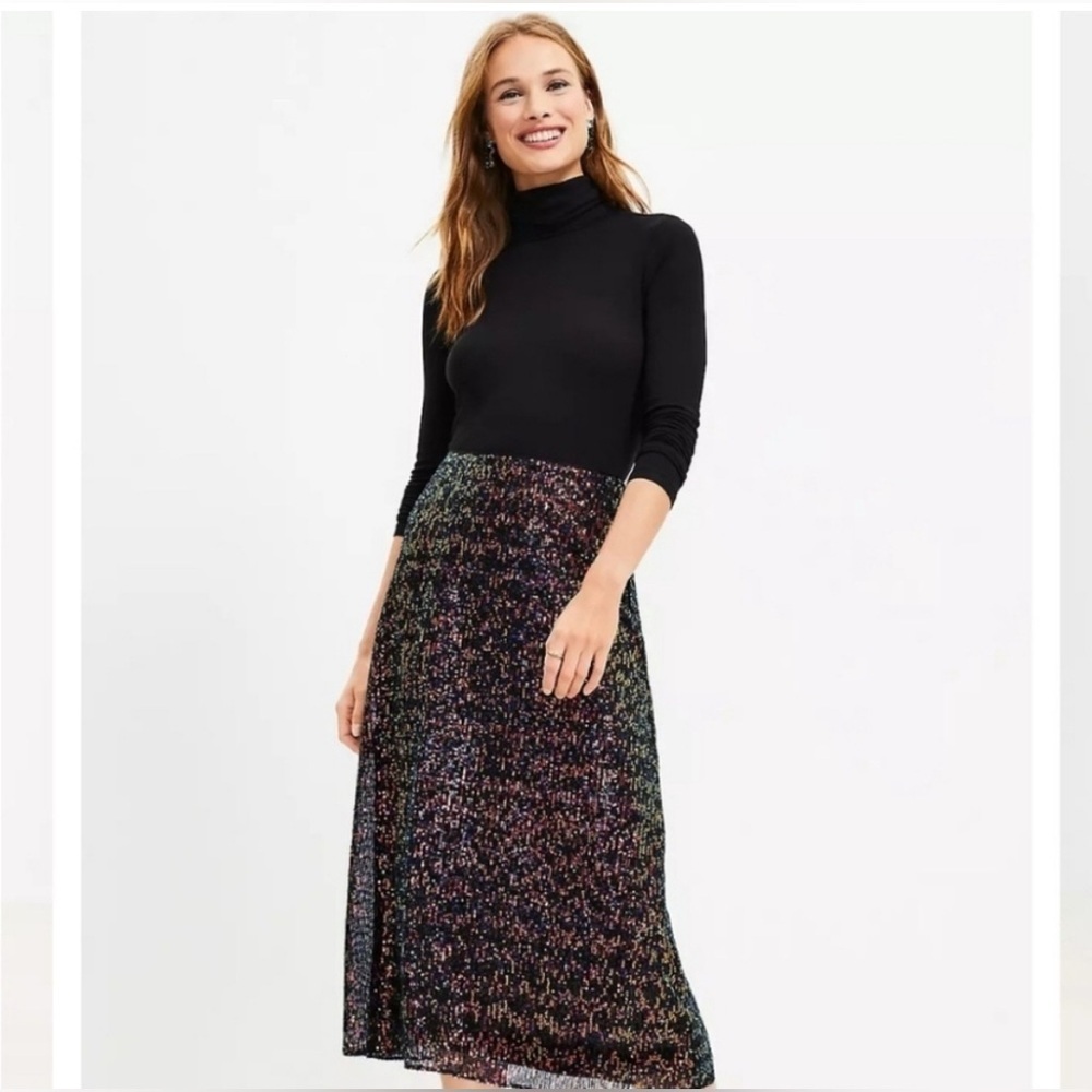 Loft Sequin Midi Skirt in Multicolor Red Black Blue Gold Size 8